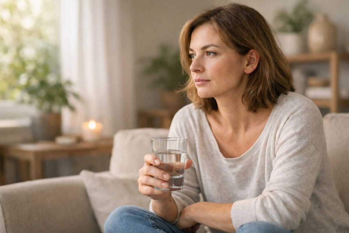 Personne seule assise sur un canapé dans un salon lumineux au petit matin, tenant un verre d’eau à la main, regard posé et expression calme, illustrant la clarté mentale et les effets positifs de l’arrêt de l’alcool