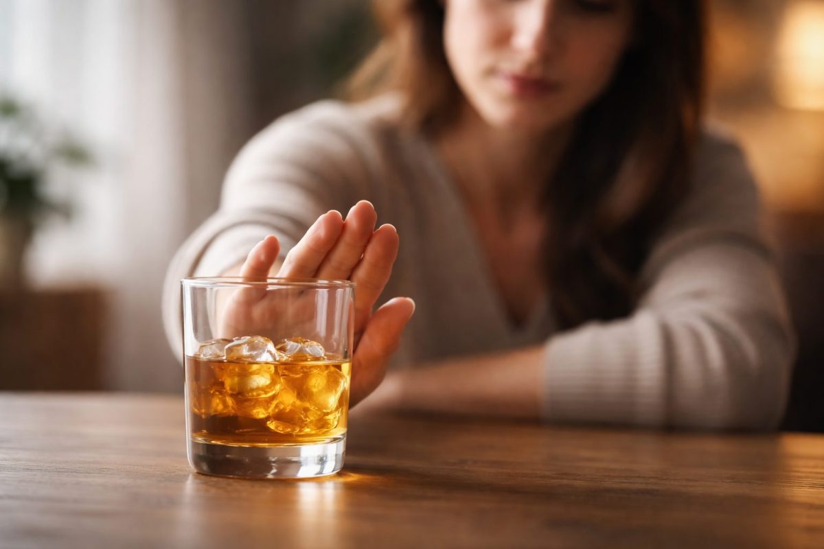 Personne repoussant un verre d’alcool posé sur une table en bois, geste de refus symbolique, lumière douce naturelle, mise au point sur la main, ambiance calme et introspective