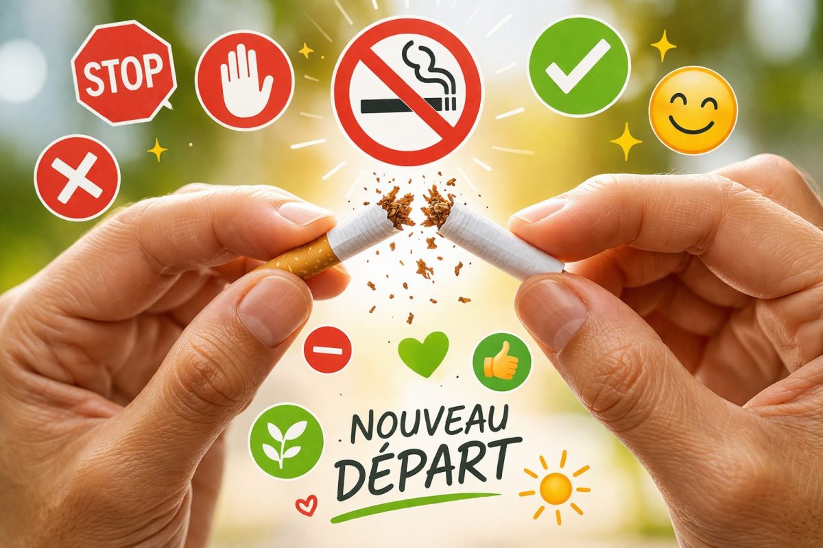 Deux mains brisant une cigarette en deux avec des symboles positifs autour comme un cœur, un pouce levé et des icônes d’interdiction, illustrant l’arrêt du tabac et les bénéfices pour la santé