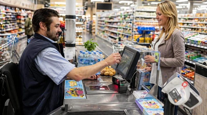 Caissier en supermarché manipulant des packs d’eau lourds à la caisse pendant qu’une cliente vide son chariot sur le tapis, illustrant une habitude des clients qui fatigue et agace fortement les employés en caisse