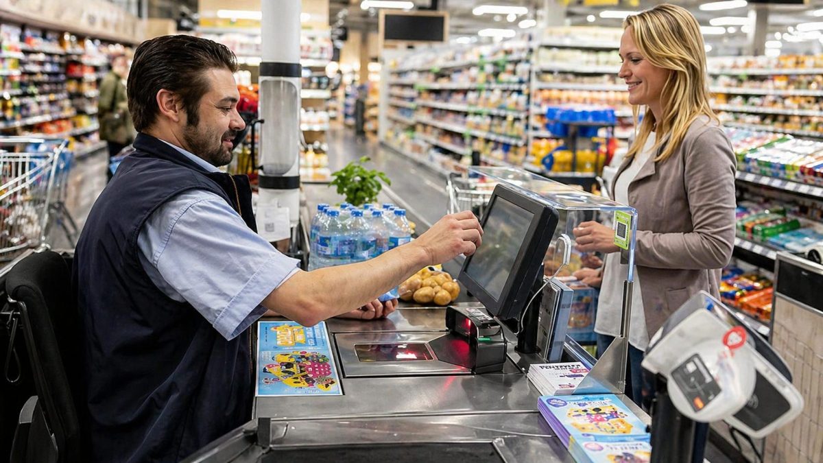 Caissier en supermarché manipulant des packs d’eau lourds à la caisse pendant qu’une cliente vide son chariot sur le tapis, illustrant une habitude des clients qui fatigue et agace fortement les employés en caisse