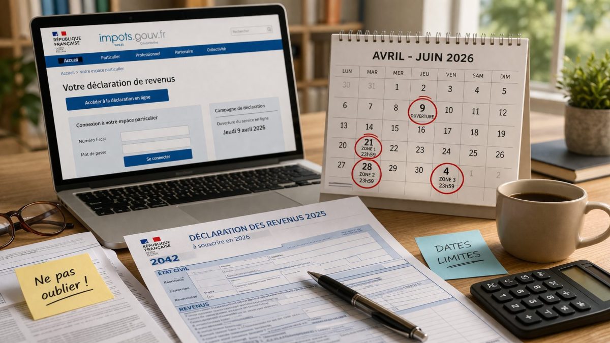 Calendrier fiscal posé sur un bureau avec ordinateur affichant une déclaration de revenus, documents administratifs et dates limites entourées en rouge, illustrant les échéances des impôts 2026 en France selon les départements