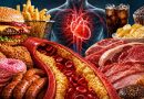 Aliments gras et sucrés comme burger, frites, charcuterie, viande rouge et pâtisseries entourant une représentation d’artère encrassée et d’un cœur humain, illustrant les dangers du mauvais cholestérol