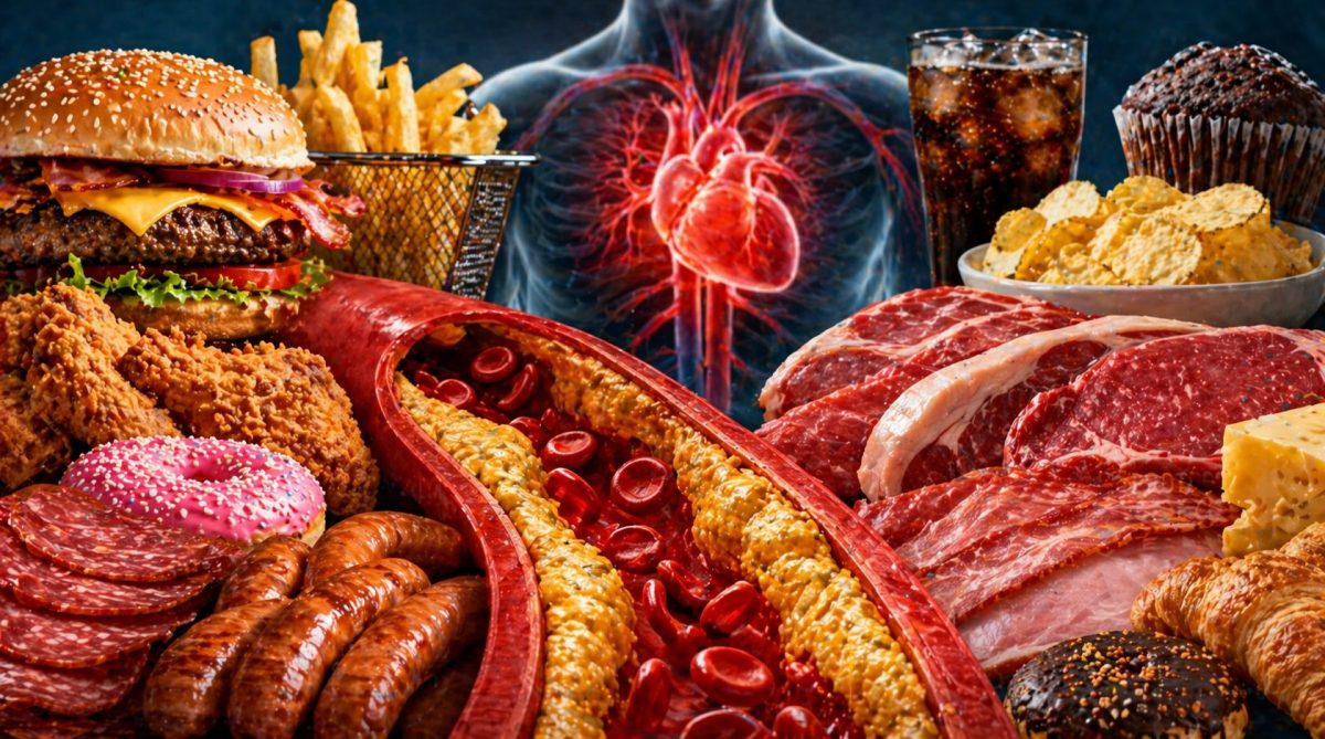 Aliments gras et sucrés comme burger, frites, charcuterie, viande rouge et pâtisseries entourant une représentation d’artère encrassée et d’un cœur humain, illustrant les dangers du mauvais cholestérol