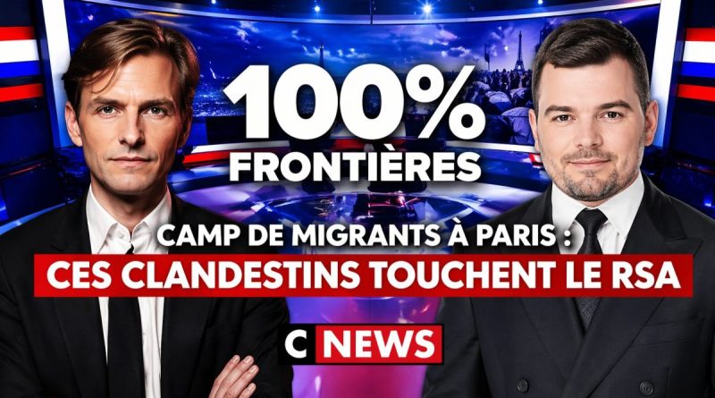 Deux présentateurs en studio télé face caméra avec arrière-plan urbain nocturne et campement visible, texte affirmant un sujet polémique sur des migrants à Paris et les aides sociales