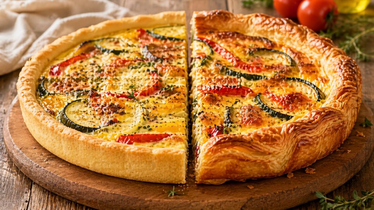 Comparaison visuelle entre une tarte aux légumes réalisée avec une pâte brisée fondante et une pâte feuilletée croustillante, montrant clairement la différence de texture, de hauteur et de cuisson entre les deux types de pâte