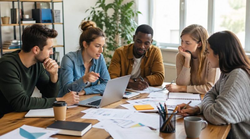 Groupe de personnes réunies autour d’une table en train de créer une association, échangeant sur des documents administratifs avec un ordinateur portable, stylos et dossiers, dans une ambiance collaborative et organisée