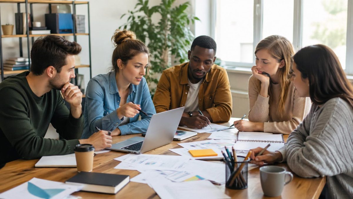 Groupe de personnes réunies autour d’une table en train de créer une association, échangeant sur des documents administratifs avec un ordinateur portable, stylos et dossiers, dans une ambiance collaborative et organisée
