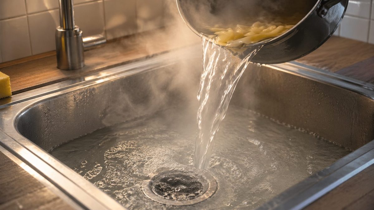 Eau bouillante versée dans un évier de cuisine avec vapeur visible s’élevant au-dessus de la surface, illustrant les risques pour les canalisations domestiques en PVC pouvant se déformer sous la chaleur, ainsi que la formation de bouchons dans les tuyaux causés par la graisse fondue et l’amidon des aliments