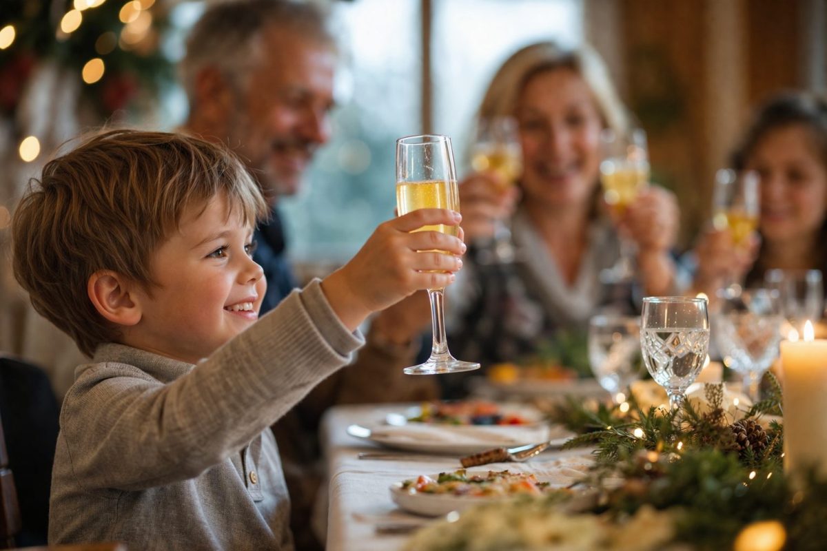 enfant levant un verre festif sans alcool à table lors d’un repas en famille, ambiance chaleureuse, imitation des adultes, symbole de célébration et apprentissage des comportements sociaux dès l’enfance