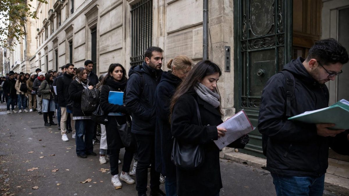 File d’attente devant une préfecture en France avec des personnes tenant des dossiers administratifs pour des demandes de titres de séjour, illustrant les délais longs et l’engorgement des services administratifs