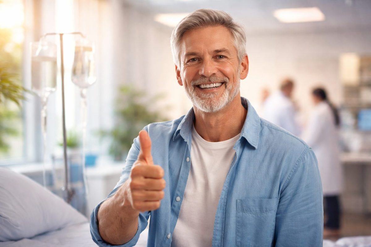 Homme d’environ 60 ans souriant dans une chambre d’hôpital lumineuse, levant le pouce en signe de victoire après un traitement médical réussi, perfusion visible à ses côtés, ambiance apaisante et positive symbolisant une rémission et un espoir de guérison