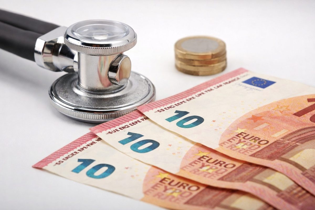 Stéthoscope posé sur un bureau avec des billets de dix euros et des pièces, illustrant l’augmentation des frais de santé et du reste à charge pour les patients