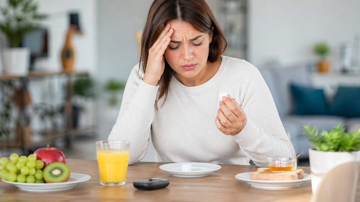 Personne assise à une table avec jus de fruit et aliments sucrés, tenant un morceau de sucre, montrant des signes de fatigue et de malaise liés à une crise d’hypoglycémie, avec symptômes visibles comme faiblesse, concentration difficile et baisse d’énergie rapide