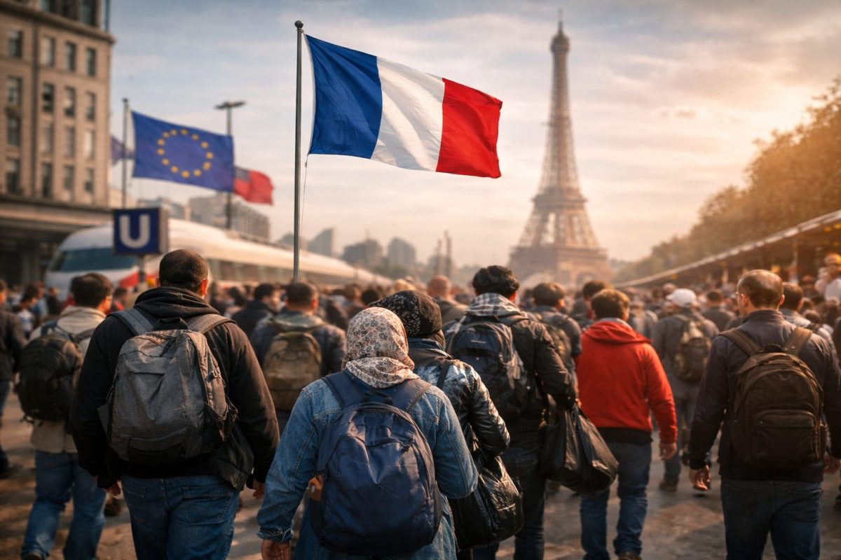 Foule dense de personnes en déplacement dans une grande capitale européenne, certaines avec sacs à dos et bagages, avançant dans une rue urbaine animée, symbolisant les flux migratoires en Europe et les enjeux de libre circulation entre pays
