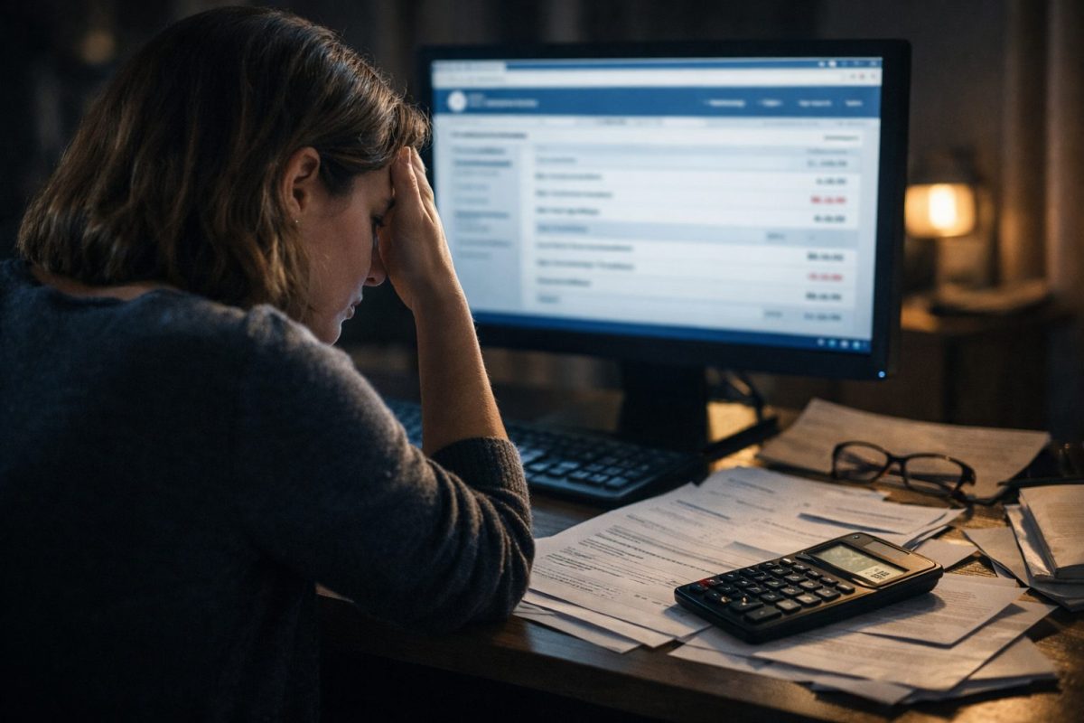 Personne stressée consultant ses comptes bancaires sur un ordinateur avec documents administratifs et calculatrice, illustrant un risque de contrôle fiscal lié à une anomalie d’épargne