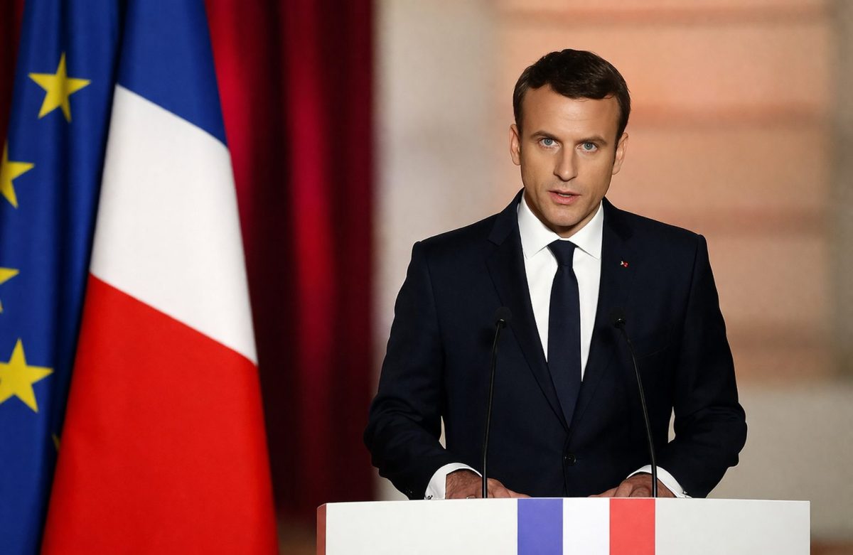 Homme politique en costume sombre s’exprimant derrière un pupitre lors d’un discours officiel, avec des drapeaux en arrière-plan, ambiance solennelle et institutionnelle illustrant une prise de parole présidentielle en France