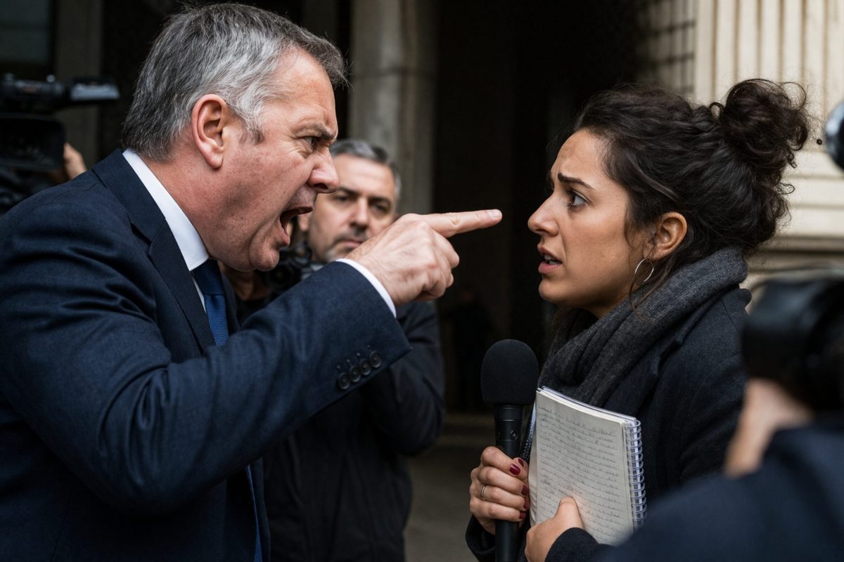 homme politique en colère pointant du doigt une journaliste tenant un micro et un carnet, scène de confrontation tendue devant un bâtiment officiel, ambiance dramatique et médiatique