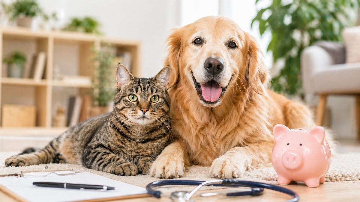 Chien et chat allongés ensemble dans un salon lumineux avec accessoires vétérinaires et tirelire, illustrant la protection santé et la mutuelle pour animaux de compagnie