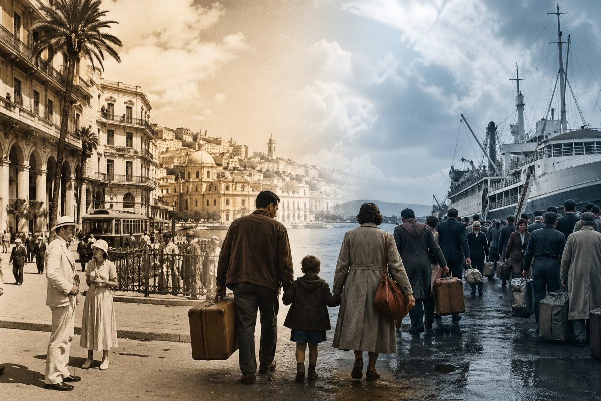 Scène symbolique représentant une famille marchant avec des valises entre une ville méditerranéenne ancienne et un port d’embarquement, illustrant le départ et l’exil liés à l’histoire coloniale en Afrique du Nord