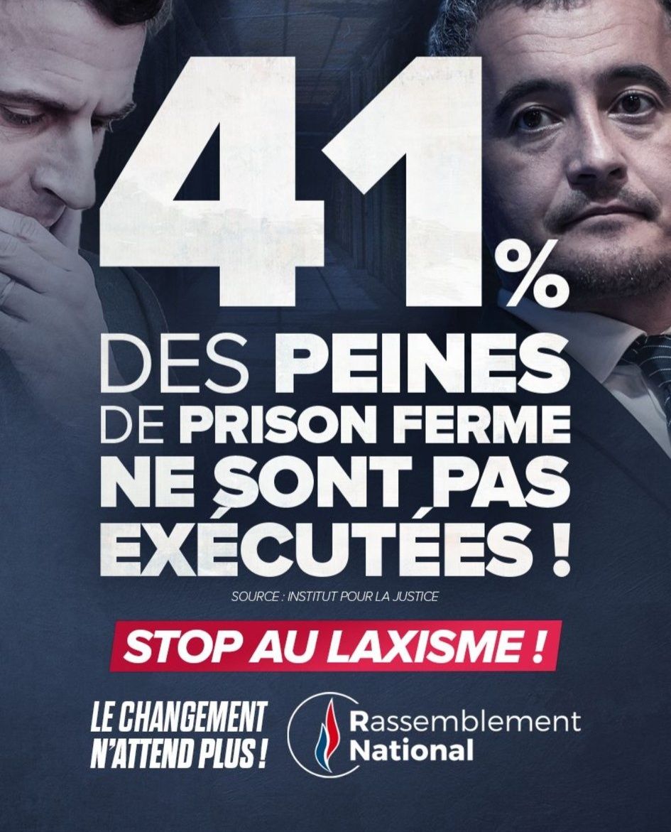 Affiche politique évoquant un pourcentage élevé de peines de prison non exécutées en France, symbolisant le débat sur la justice et les sanctions pénales