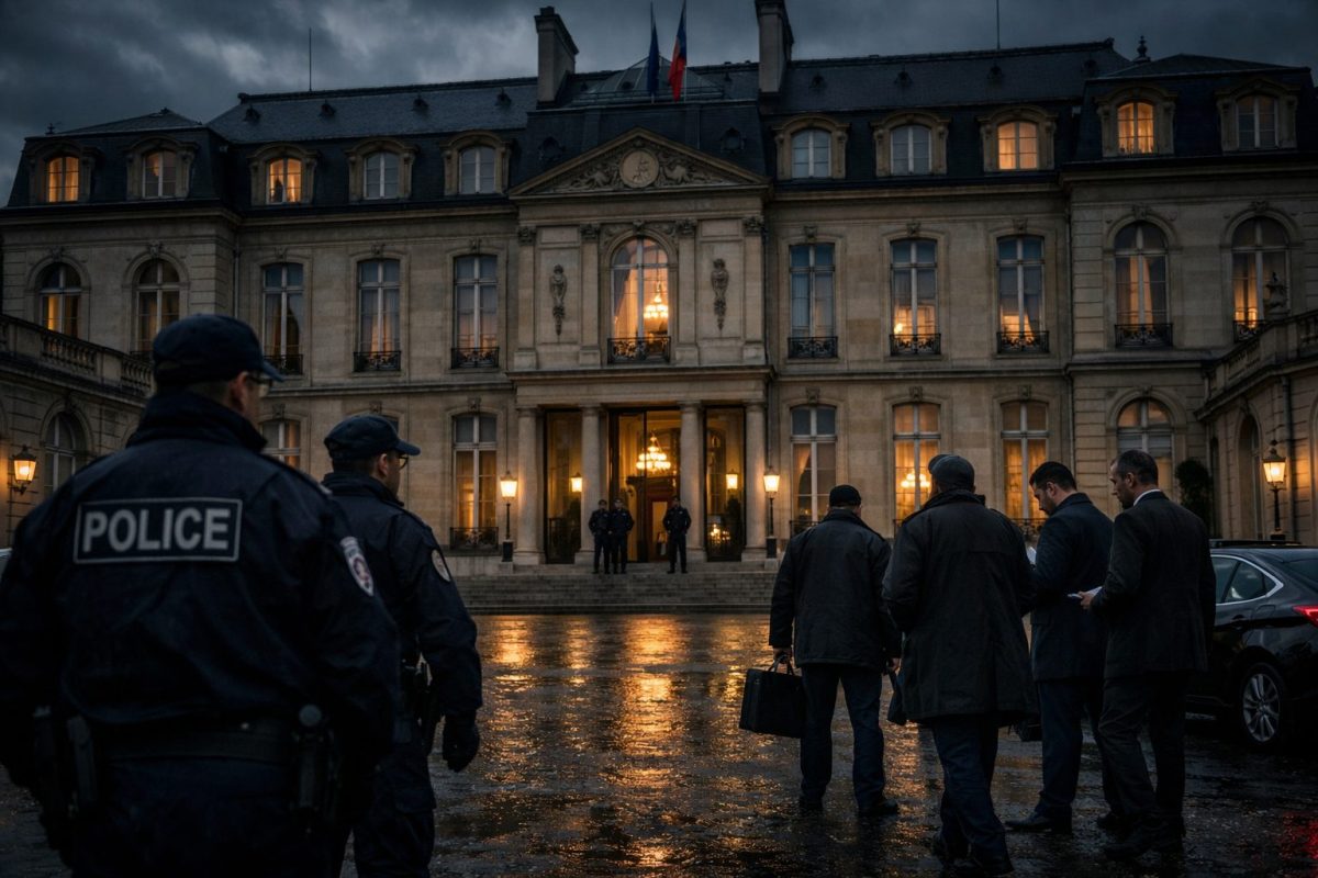 Façade d’un palais présidentiel éclairé de nuit avec présence de policiers et d’enquêteurs devant l’entrée, ambiance tendue et dramatique évoquant une enquête politique sensible au sommet de l’État