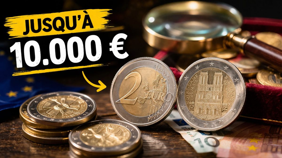 Gros plan sur des pièces de deux euros posées sur une table avec une loupe en arrière-plan, éclairage contrasté mettant en valeur les détails des pièces, ambiance de collection et de forte valeur