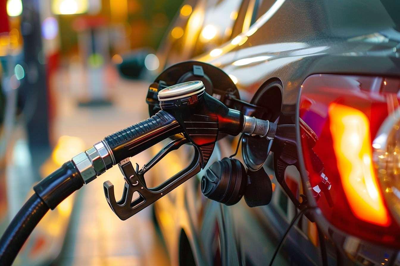 Pistolet de carburant inséré dans le réservoir d’une voiture lors d’un plein en station-service, éclairage urbain en arrière-plan illustrant la hausse du prix de l’essence