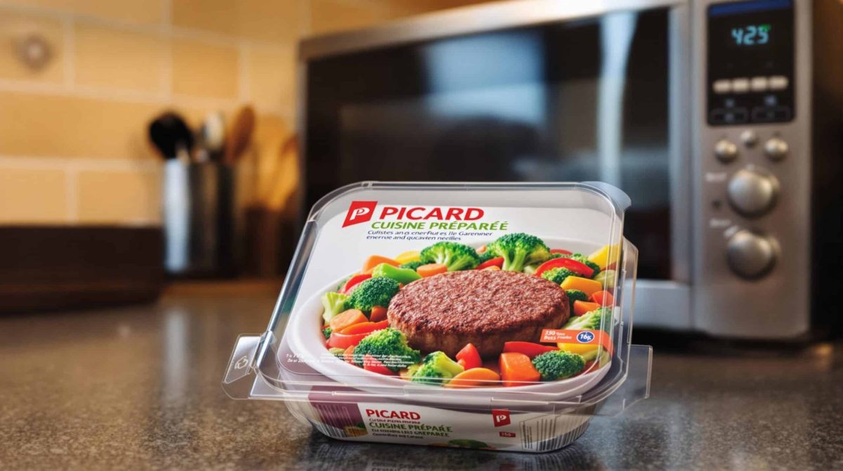 Barquette de plat préparé surgelé posée sur un plan de cuisine, contenant un steak haché accompagné de légumes variés, avec un four à micro-ondes en arrière-plan, illustrant un repas rapide prêt à être réchauffé.