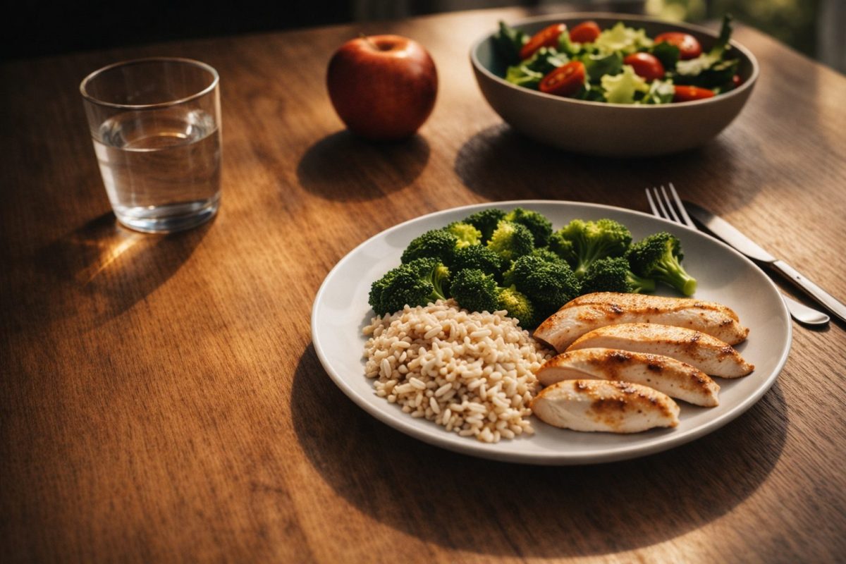 assiette de repas équilibré avec poulet grillé, brocoli et riz complet accompagnée d’un verre d’eau, d’une pomme et d’une salade sur une table en bois avec lumière naturelle