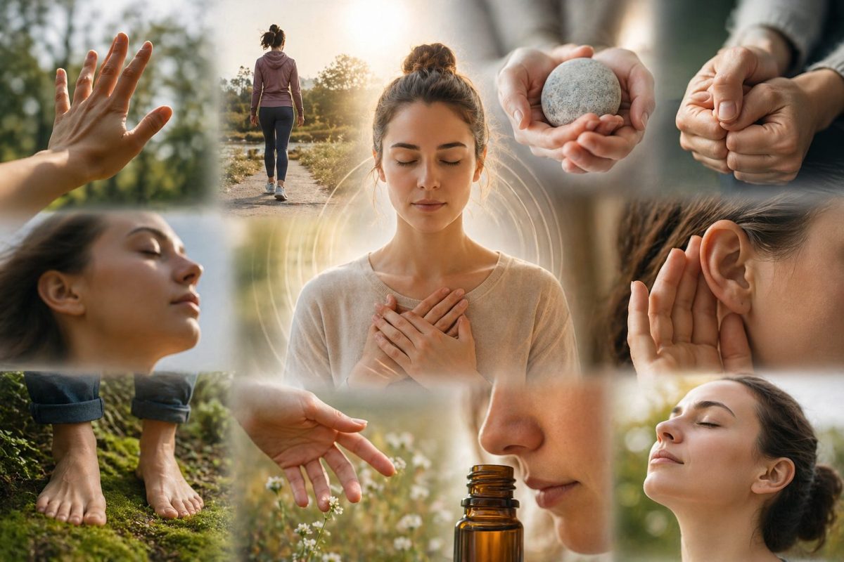Illustration visuelle des techniques d’ancrage pour gérer une crise d’angoisse, montrant une personne en pleine respiration consciente entourée de scènes symbolisant les cinq sens : marche en extérieur, contact des mains avec un objet, écoute attentive, odeur d’huiles essentielles et sensations corporelles, dans une ambiance apaisante et naturelle