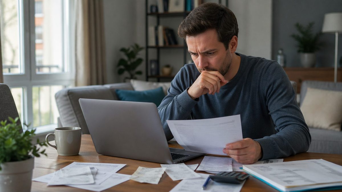 Personne travaillant à domicile devant un ordinateur portable avec factures et documents administratifs sur une table, ambiance sérieuse illustrant les frais liés au télétravail et la déclaration d’impôts