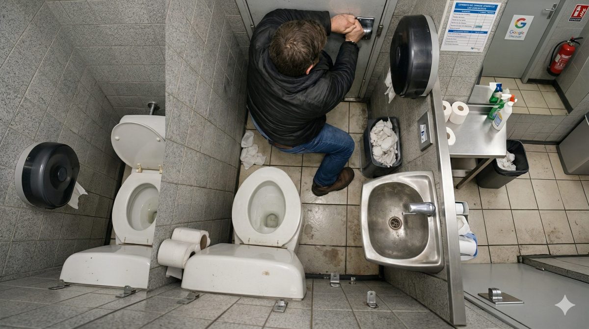 Personne enfermée dans des toilettes publiques étroites tentant d’ouvrir une porte bloquée, environnement sale avec papier au sol, cuvette et lavabo visibles, scène réaliste illustrant une situation de stress et d’impossibilité de sortir