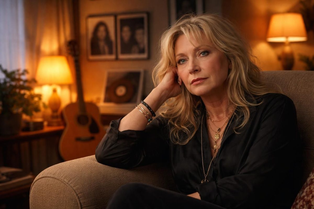 Femme blonde assise dans un salon chaleureux éclairé par des lampes, regard pensif et posé, avec une guitare en arrière-plan, illustrant une artiste en pleine réflexion lors d’une interview intime