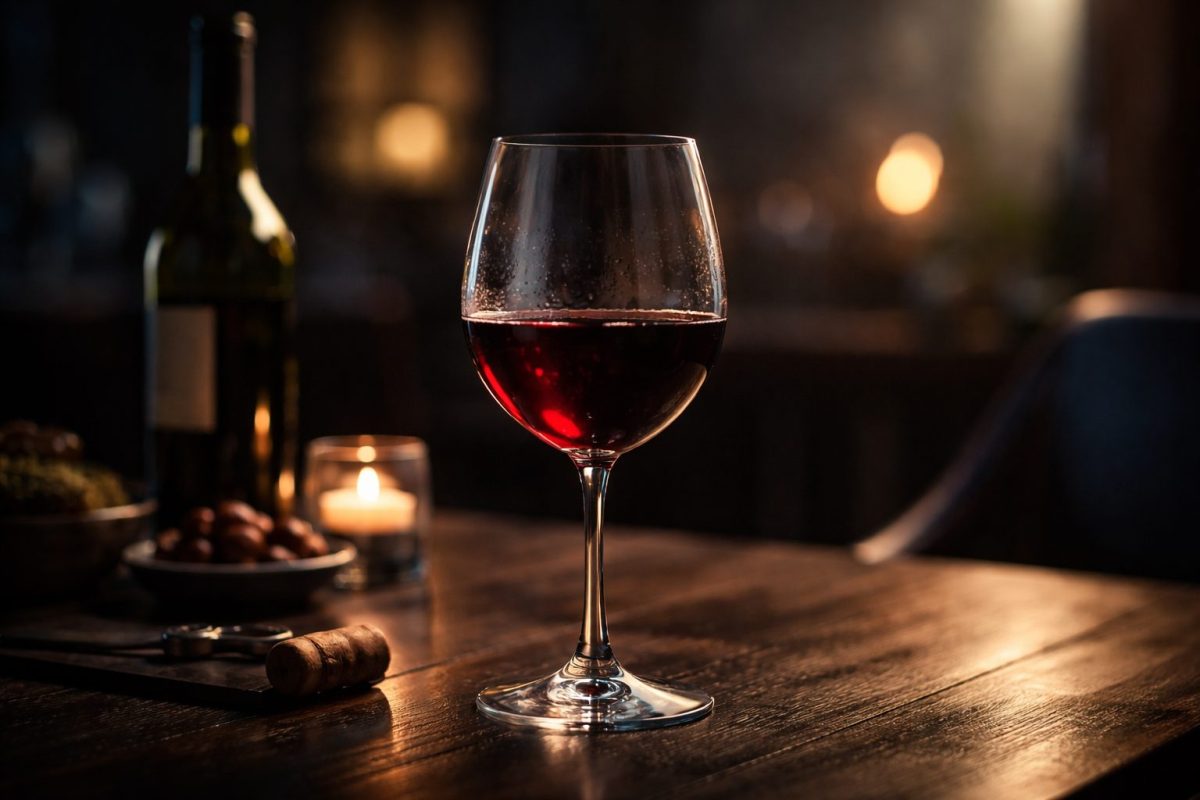 Verre de boisson rouge ressemblant à du vin posé sur une table en bois, éclairage tamisé avec ambiance sombre et chaleureuse, suggérant le doute autour des effets du vin sans alcool sur la santé