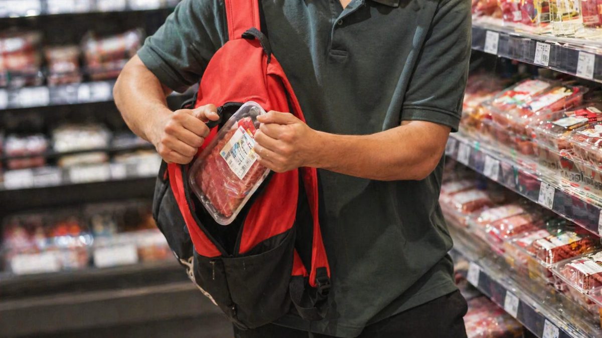 Individu glissant discrètement une barquette de viande dans un sac à dos dans un supermarché, illustration de la hausse des vols à l’étalage et des consignes de sécurité limitant l’intervention des agents face aux voleurs