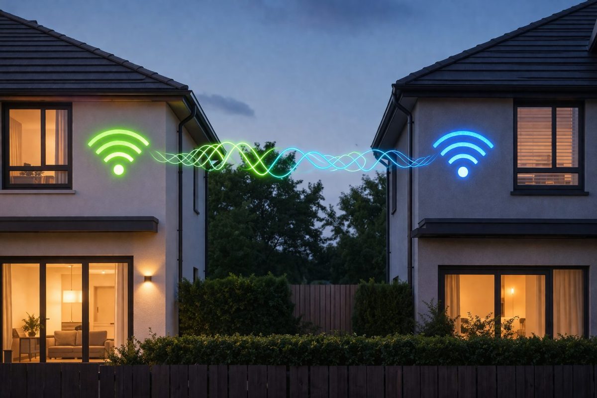 Deux maisons modernes situées côte à côte dans un quartier résidentiel calme au crépuscule, éclairées de l’intérieur, avec des symboles lumineux de connexion Wi-Fi visibles sur leurs façades et des ondes colorées circulant entre les deux habitations, illustrant une interconnexion sans fil entre voisins et le risque d’intrusion sur un réseau domestique