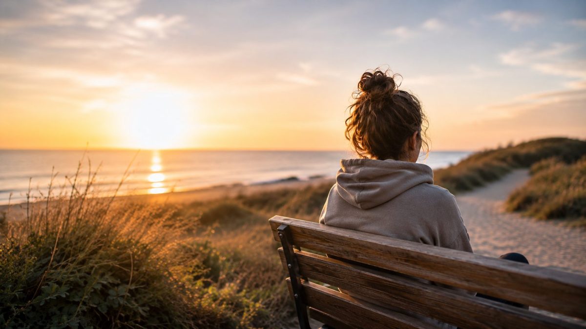 Personne assise seule sur un banc face à la mer au coucher du soleil, illustrant l’accompagnement après une cure ou une hospitalisation en addictologie en Ille-et-Vilaine.