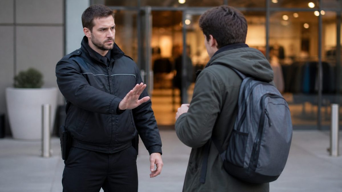 Agent de sécurité en uniforme noir stoppant un client portant un sac à dos à l’entrée d’un magasin, scène réaliste de contrôle illustrant les limites légales de la sécurité privée, la fouille de sac en magasin et les droits des consommateurs en France