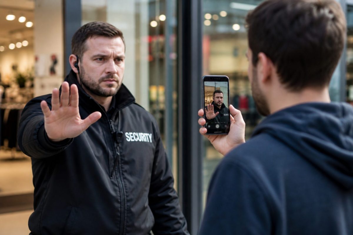 Agent de sécurité en uniforme levant la main pour empêcher un client de filmer avec son smartphone devant l’entrée d’un magasin, scène réaliste illustrant le droit de filmer dans un lieu ouvert au public, les limites légales de la sécurité privée et les droits des consommateurs en France