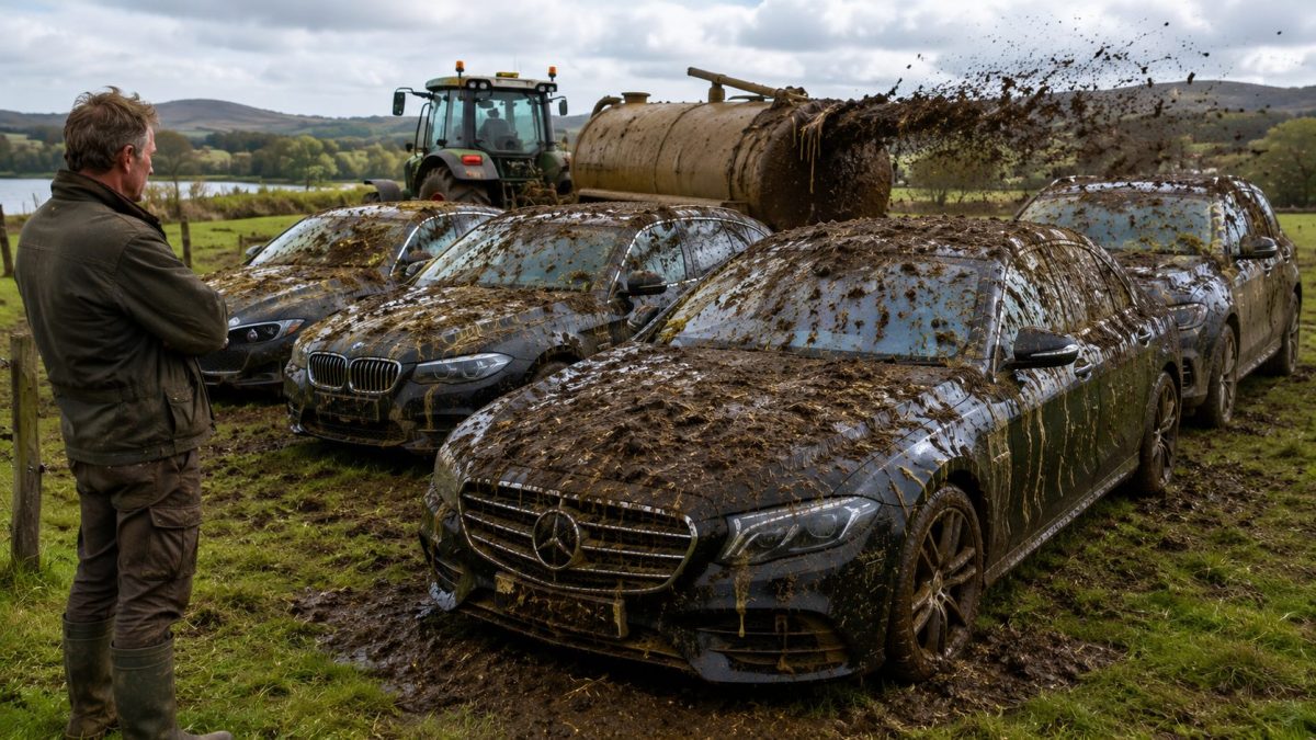 Plusieurs voitures haut de gamme recouvertes de fumier sont stationnées dans un champ rural après l’intervention d’un agriculteur excédé par le stationnement sauvage de touristes sur sa propriété privée.