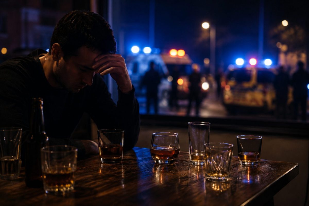Un homme seul devant plusieurs verres d’alcool dans une ambiance sombre tandis qu’en arrière-plan flou apparaissent des gyrophares, symbolisant les conséquences sociales et humaines liées à l’alcool.