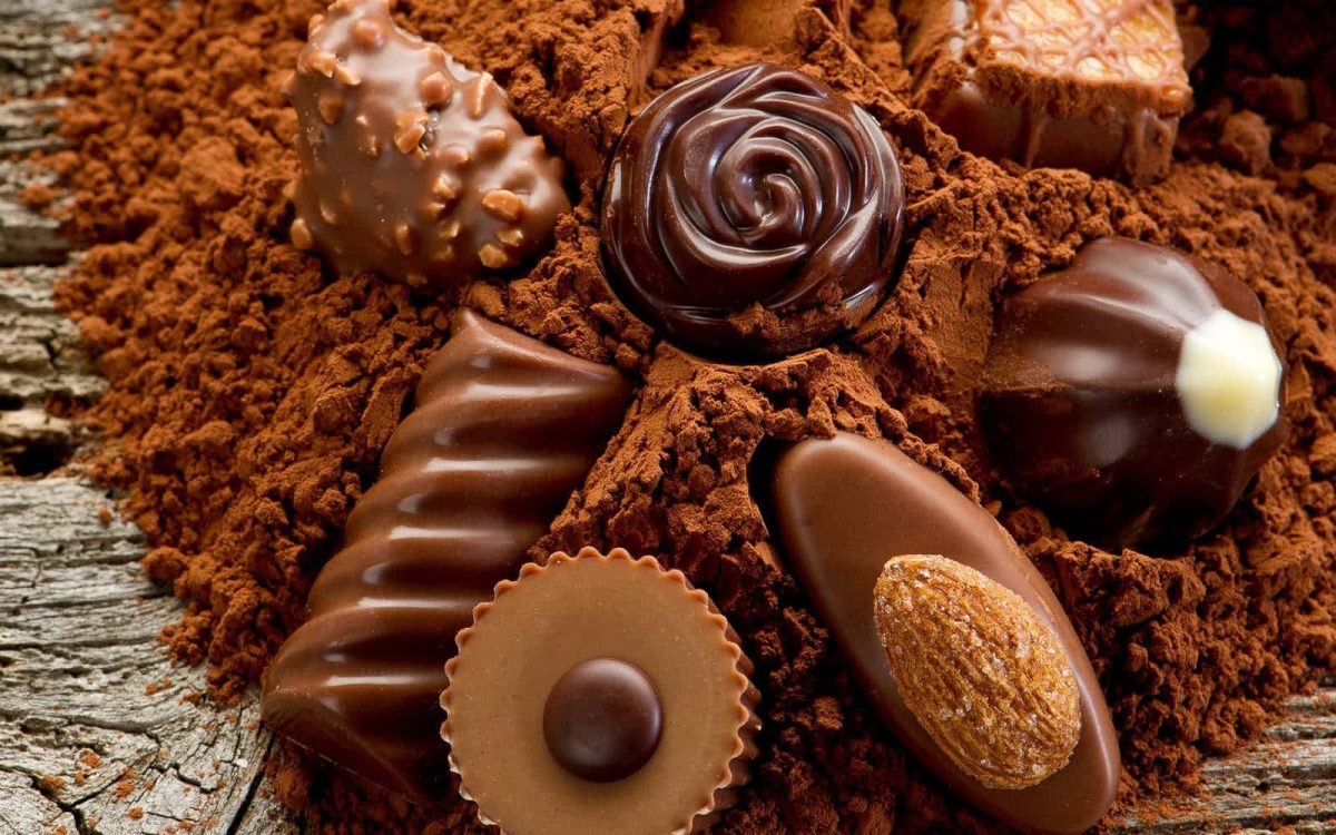 Assortiment de chocolats noirs et au lait recouverts de poudre de cacao sur une table en bois, illustration gourmande autour du cacao, des antioxydants et des effets du chocolat sur la santé