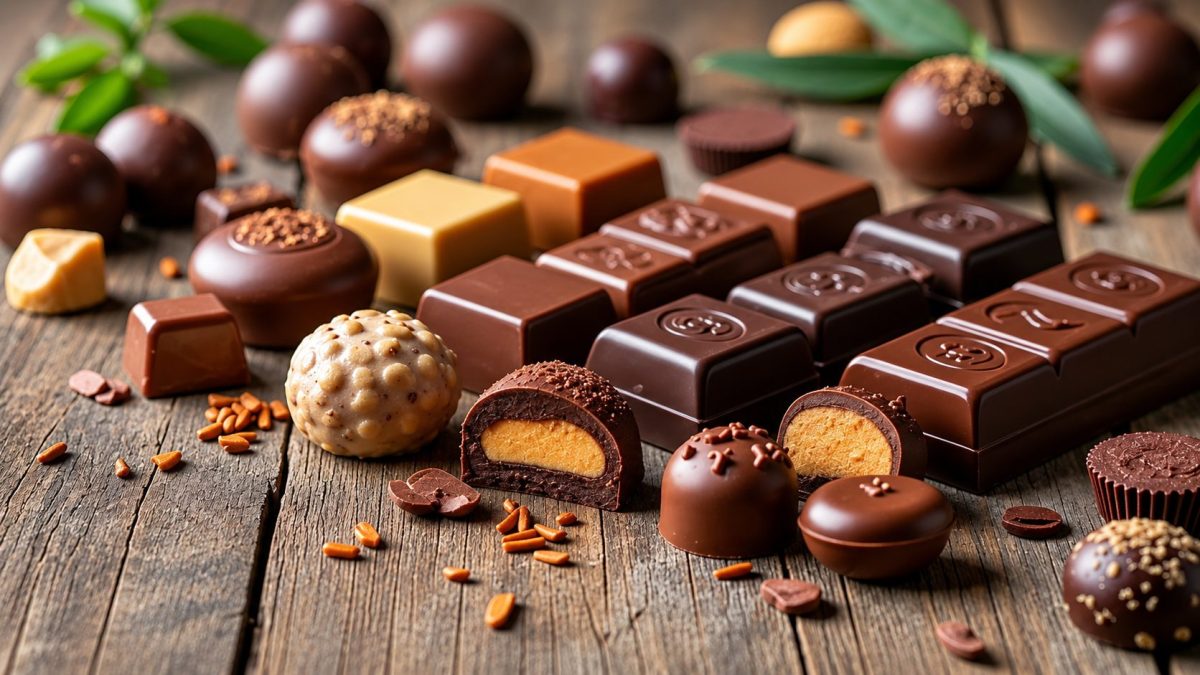 Assortiment de chocolats noirs, pralines et truffes disposés sur une table en bois rustique, illustration gourmande autour du cacao, des douceurs chocolatées et des plaisirs liés au chocolat
