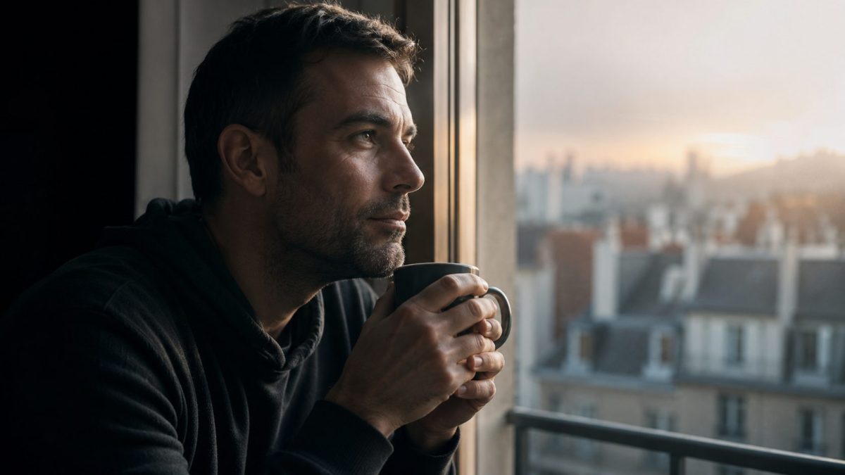 Homme pensif regardant le coucher du soleil depuis la fenêtre de son studio à Rennes, une tasse chaude entre les mains, symbolisant la reconstruction après une enfance traumatisante, les addictions et des années de souffrance psychologique.