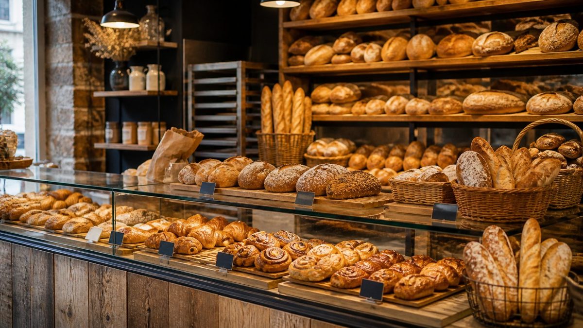 Intérieur d’une boulangerie artisanale française remplie de pains et viennoiseries exposés en vitrine, ambiance chaleureuse, image illustrant la polémique sur les boulangeries ouvertes le 1er mai après un contrôle de l’inspection du travail