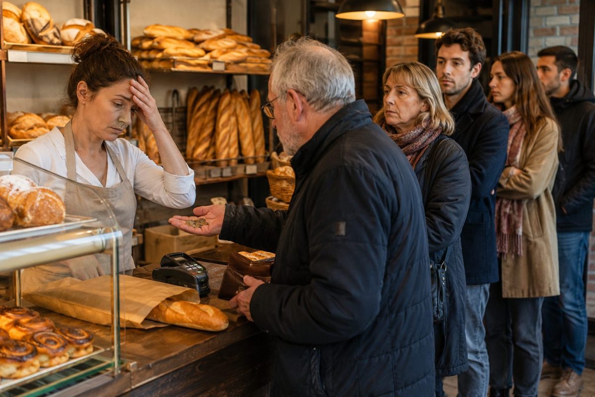 Une boulangère derrière son comptoir encaisse un client tenant une poignée de petites pièces tandis qu’une file d’attente se forme dans une boulangerie artisanale française. La scène illustre le ras-le-bol de nombreux boulangers face aux paiements en centimes ou avec de gros billets pour de petits achats.