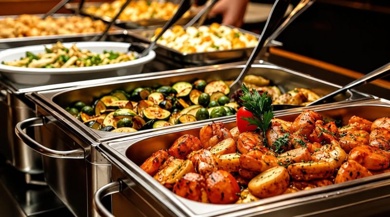 Buffet à volonté avec plusieurs plats chauds présentés dans des bacs en inox, légumes grillés, pommes de terre rôties et préparations culinaires servies en libre-service dans un restaurant moderne, illustration des nouvelles règles contre le gaspillage alimentaire.