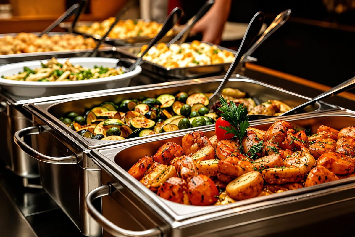 Buffet à volonté avec plusieurs plats chauds présentés dans des bacs en inox, légumes grillés, pommes de terre rôties et préparations culinaires servies en libre-service dans un restaurant moderne, illustration des nouvelles règles contre le gaspillage alimentaire.