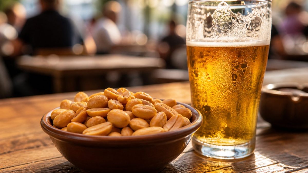 Bol de cacahuètes salées posé sur une table en bois dans un bar, avec un verre de bière fraîche légèrement embué à côté, terrasse en arrière-plan flou et ambiance chaleureuse, illustrant la stratégie des établissements pour inciter à consommer davantage d’alcool grâce aux snacks salés